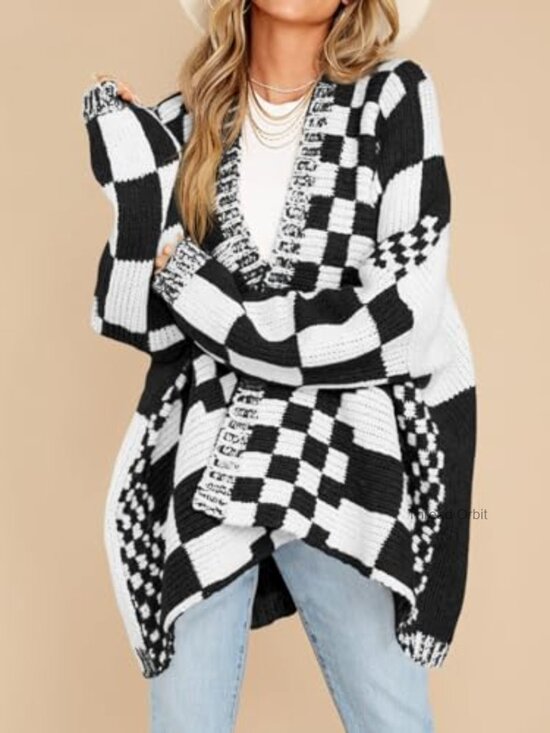 Oversized Checkered Cardigan, Long Sleeve Open Front Knit Sweater - Picture 3 of 7